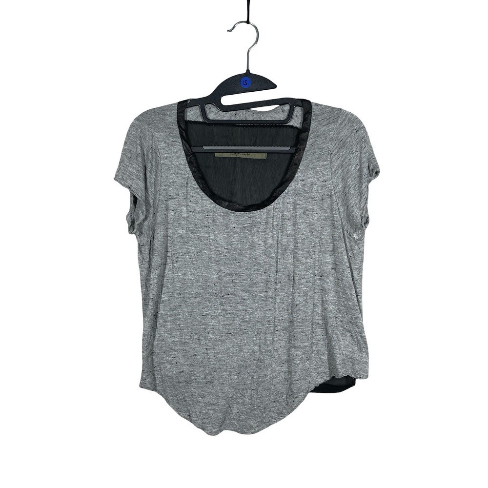 Enza Costa Sheer Back Asymmetrical Fringe Top Womens S Grey Black Scoop Neck‎
